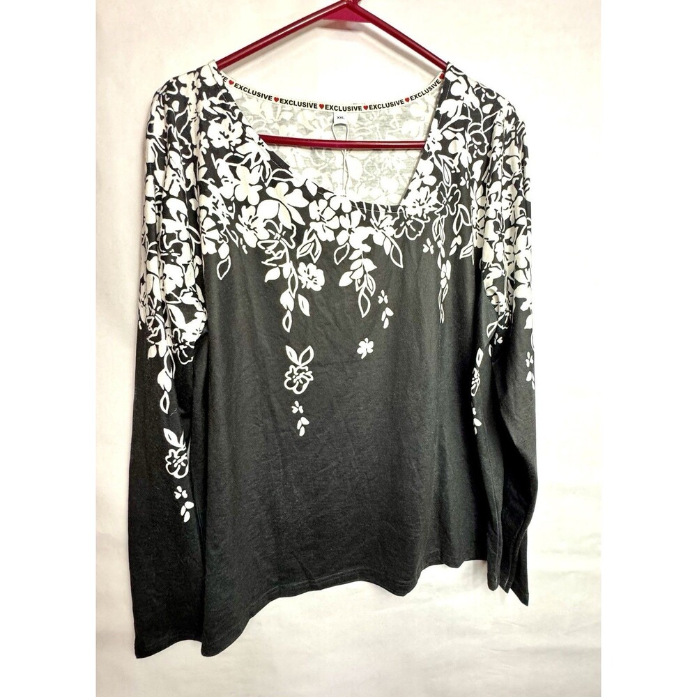Made With Love Black And White Floral Top with Asymmetrical Neck Line
